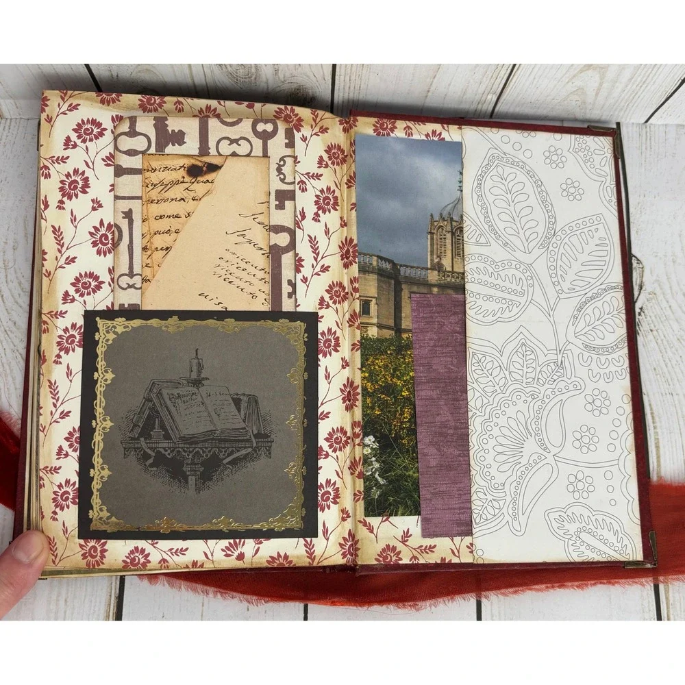 Handmade Regency Victorian Junk Journal Memory Keeper Red Gold Velvet Ribbon Tie